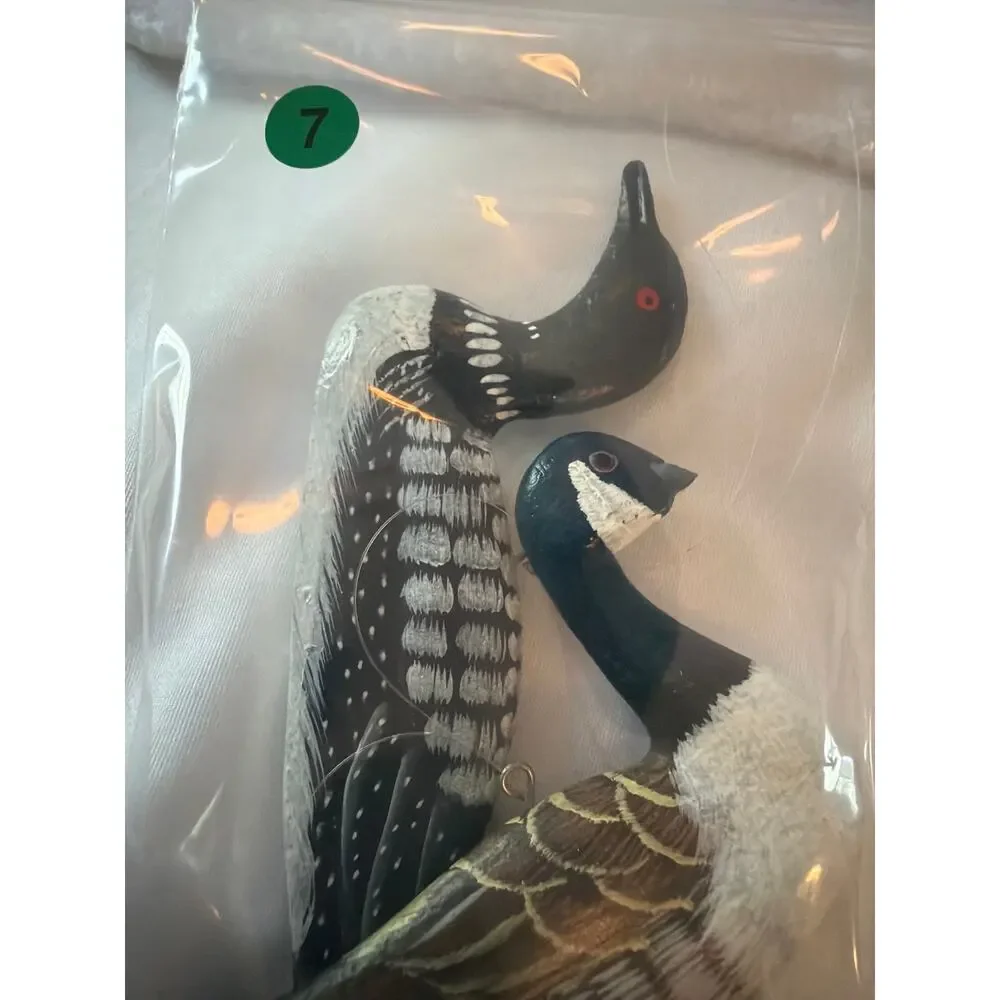 Hand Carved Wooden Loon & Canada Goose Bird Ornaments Painted Wildlife Set 2